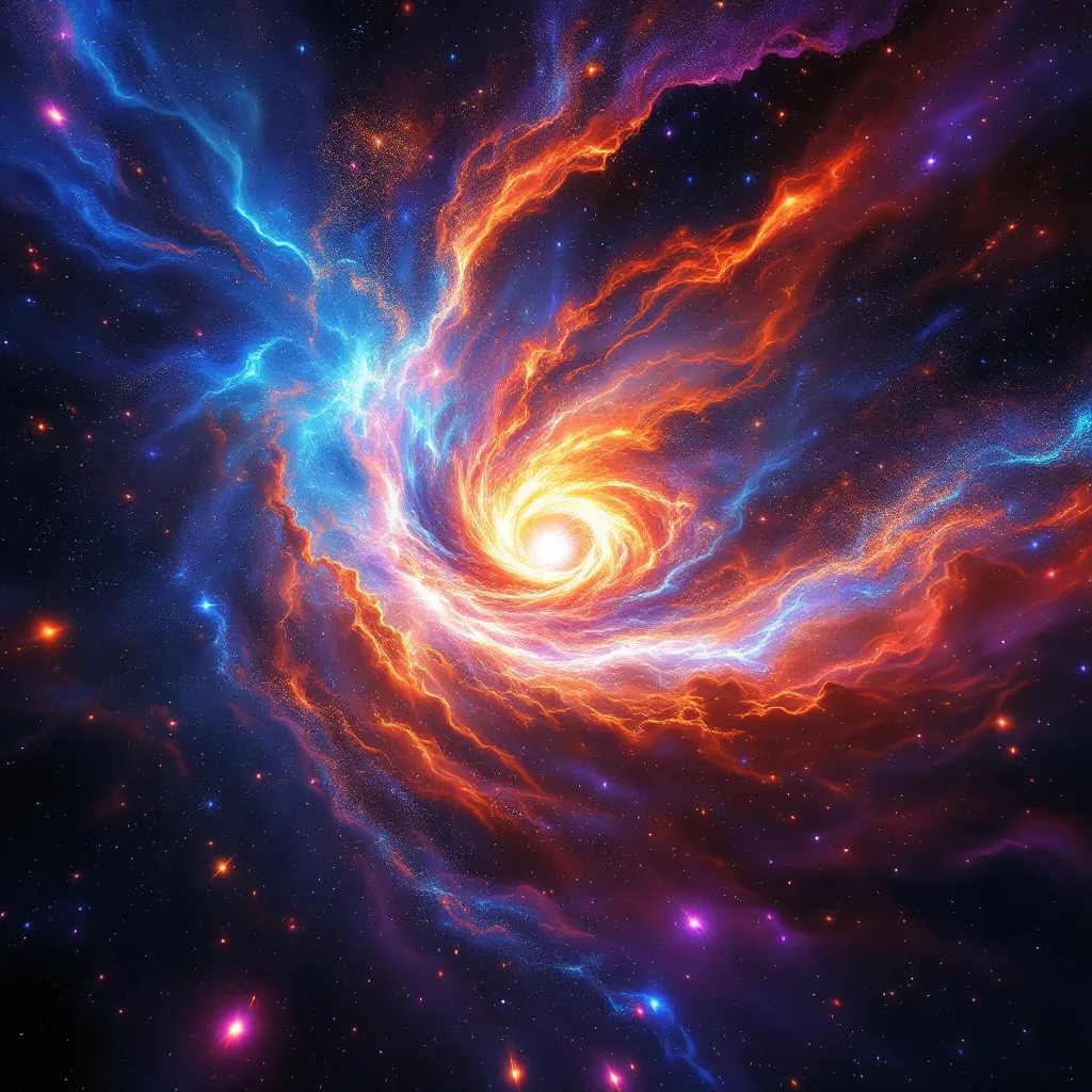 Prompt: gamma ray burst emerging from a dying star, vivid cosmic explosion, stunning celestial colors, radiant blues and fiery reds, deep space backdrop with swirling galaxies, dramatic lighting illuminating the star's remnants, dynamic energy outflows, ethereal atmosphere, high-resolution, ultra-detailed cosmic scene.