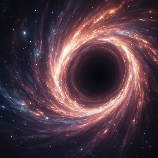 Prompt: A stunning black hole entering a swirling wormhole, mesmerizing cosmic colors blending into dark voids, radiating luminous energy and gravitational waves, surreal space backdrop filled with stars, ethereal and otherworldly atmosphere, breathtaking cosmic phenomena, ultra-detailed, visually captivating, high-quality rendering, vibrant and dramatic lighting, invoking a sense of awe and mystery in the depth of the universe.