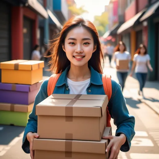 Prompt: (youthful asian woman), (carrying numerous boxes), vibrant colors, dynamic pose, bright and cheerful atmosphere, focus on the effort and movement, background hints of an urban environment, street scene, warm sunlight casting gentle shadows, ultra-detailed, 4K quality.