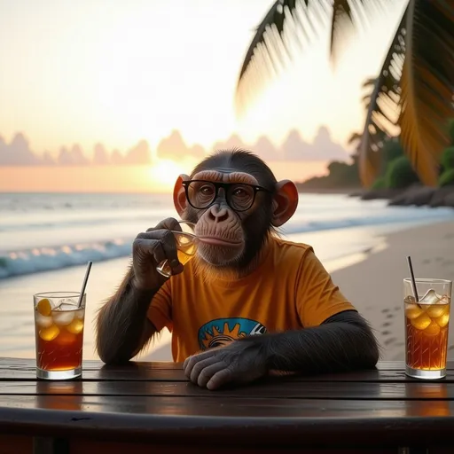 Prompt: Monkey (wearing glasses), (funky t-shirt), drinking at the bar, (beach setting), (sunset background) with vibrant orange and pink hues reflecting on the water, relaxed ambiance, soft waves lapping against the shore, palm trees gently swaying, inviting atmosphere, ultra-detailed and high quality, perfect for a fun and carefree vibe.