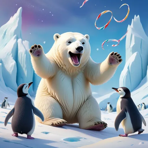 Prompt: (Polar bear, joyful), surrounded by (twirling penguins), (playful atmosphere), snowy landscape, icy terrain, soft white snowflakes, vibrant colors, cheerful expressions, harmonious wildlife interaction, high contrast, (illustrative art), dynamic composition, winter wonderland feel, ultra-detailed, HD, (whimsical and enchanting vibe).