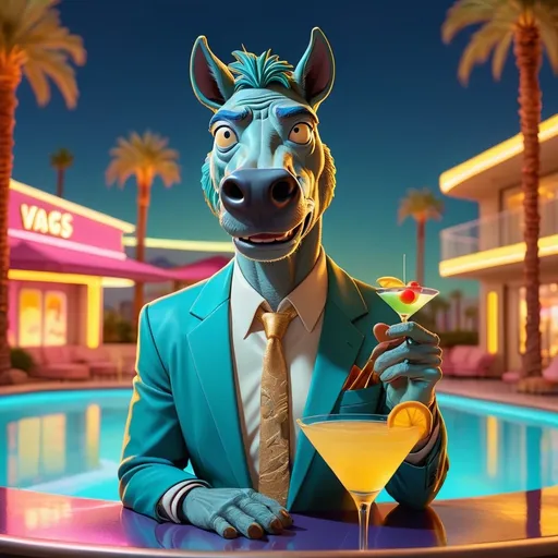 Prompt: Bojack Horseman, holding a martini, next to a luxurious pool in Las Vegas, vibrant neon lights reflecting on water, warm golden tones, playful atmosphere, high contrast, energetic vibe, ultra-detailed, cinematic quality, sleek palm trees in the background, lively nightlife scenery, retro charm of Las Vegas backdrop, creative artistry capturing humor and charm.