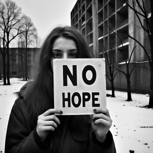 Prompt: Bw grainy Selfie of A sad young brunette long hair woman holding a "NO HOPE" sign in a dark gritty soviet brutalist city park winter