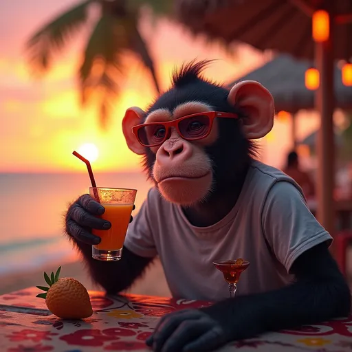 Prompt: (badass cool monkey), wearing (stylish glasses) and (funky T-shirt), relaxing at a beach bar, (cheerful ambiance), sipping a drink, vivid sunset in the background with warm hues of orange and pink, tropical decorations around, ultra-detailed, vibrant colors, high vibrant depth, lively atmosphere, whimsical and fun setting, 4K quality.
