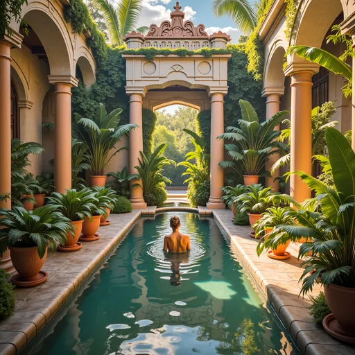 Prompt: Young women bathing in a (romantic) Renaissance-style pool, vibrant neon accents, lush tropical plants surrounding, warm golden sunlight filtering through greenery, serene and enchanting atmosphere, (ultra-detailed), a harmonious blend of classical elegance and modern flair, (inviting and vibrant colors), water sparkling with reflections, whimsical and dreamy background, lush foliage cascading around the pool edge.