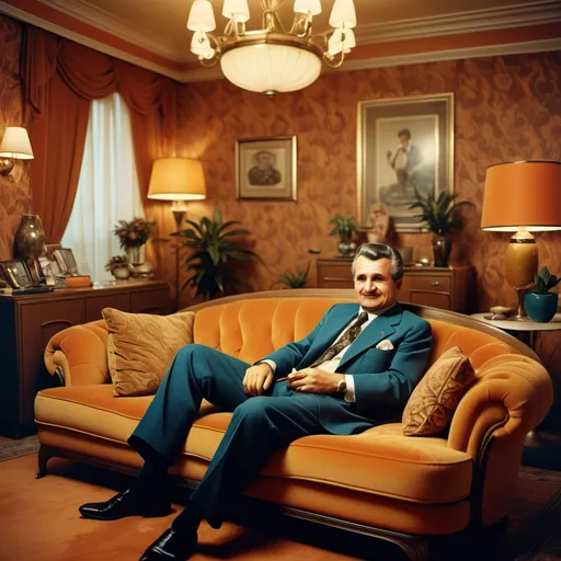 Prompt: Ceausescu (content expression), relaxed and happy, lounging on a plush couch, smoking a cigar, 1970s penthouse setting, vibrant retro decor, warm color tones, soft lighting, stylish furnishings, vintage wallpaper, ultra-detailed, inviting atmosphere, nostalgic vibe, capturing the essence of luxury from the era.