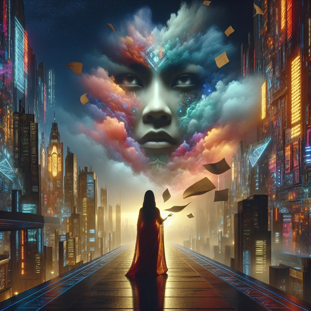 Prompt: A woman gazing up in awe at a colossal face emerging from swirling smoke and flying paper illuminated in the vivid skyline of a futuristic New York, inspired by the 5th Element, neon colors reflecting futuristic architecture, dimly lit with ethereal hues, dramatic atmosphere, captivating detail, dynamic composition, ultra-detailed, cinematic quality, breathtaking vision.