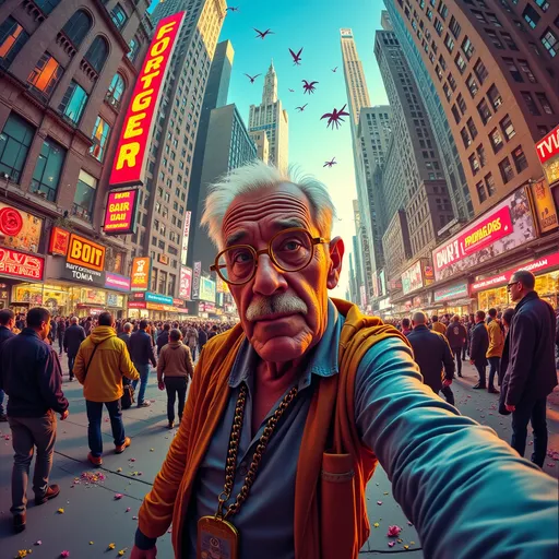 Prompt: (Hiерonymus Bosch style painting) fish eye selfie of fat old homeless man, vibrant colors, chaotic scenes, surreal elements, New York City atmosphere, 1980s fashion, intricate details, imaginative characters, neon lights, bustling crowds, fantastical creatures, busy streets, dynamic urban landscape, dreamlike quality, rich textures, visually stimulating composition, high definition.