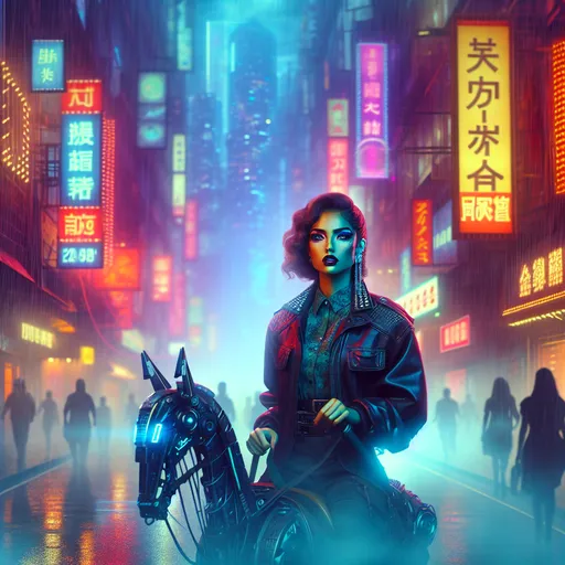 Prompt: (dramatic scene) A dark gritty young woman, wearing bold makeup, confidently riding a futuristic robot horse, in a vibrant, neon-lit Blade Runner-style city street. The atmosphere is moody and edgy, with glowing advertisements and a foggy backdrop. High-quality details, capturing urban dystopia in a vivid, cinematic style, (HD).