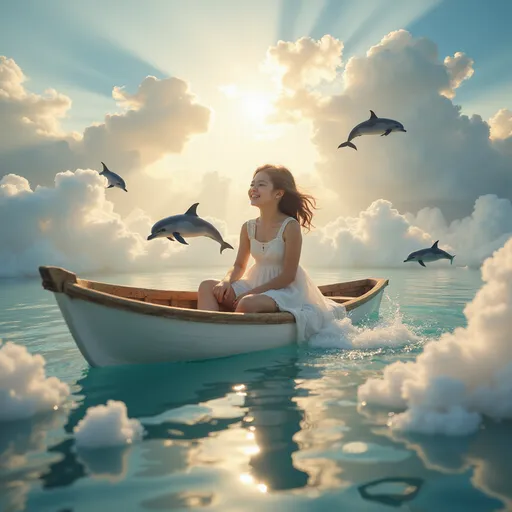 Prompt: Surreal concept of a boat floating in the sky, a girl with a joyful expression, surrounded by jumping dolphins, ethereal clouds in the background, dreamy universe vibes, soft pastel colors, warm and whimsical ambiance, magical scenery with rays of sunlight filtering through the clouds, ultra-detailed, HD quality, fantastical elements blending reality and fantasy.