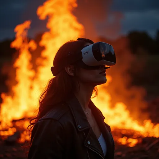 Prompt: A woman wearing a VR helmet, captivated by a mesmerizing fire in the background, ethereal glow reflecting off her helmet. Vivid flames dance, casting shadows, creating an immersive atmosphere. Warm, flickering orange and cool dark hues contrast against her silhouette. High detail, photorealistic depiction, capturing the blend of technology and primal nature. Cinematic quality, intense gaze, inviting a sense of wonder and curiosity.