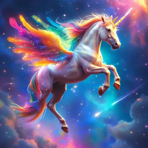 Prompt: Colorful unicorn flying in space, vibrant colors, shimmering starry background, ethereal and magical atmosphere, dynamic movement and grace, vivid swirling galaxies, enchanting cosmic elements, ultra-detailed, cinematic quality, high contrast light and shadows, conveying a sense of wonder and freedom, whimsical fantasy theme, magical aura of colorful sparks trailing behind.
