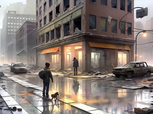 Prompt: (watercolor design), post-viral Detroit, a kid standing in the middle of an abandoned street, a dog beside him, nighttime scene, soft and muted color tones, eerie yet hopeful ambiance, dilapidated buildings surrounding, dim streetlights casting gentle glow, intricate details on the kid's worn clothing, expressions of curiosity, high definition. Make it look sketched. show more of a combination of downtown Detroit and a housing area