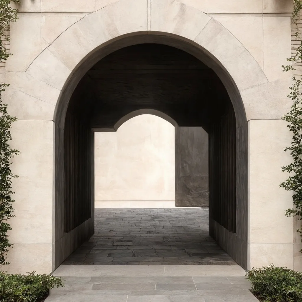 Prompt: Architectural principles. archways. Beautiful, modern, dark stone and wood, extreme detail. Illisionary.