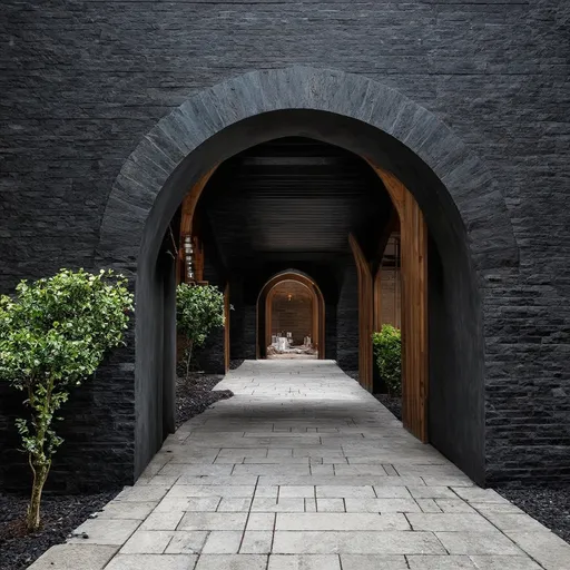 Prompt: Architectural principles. archways. Beautiful, modern, dark stone and wood, extreme detail. Illisionary.