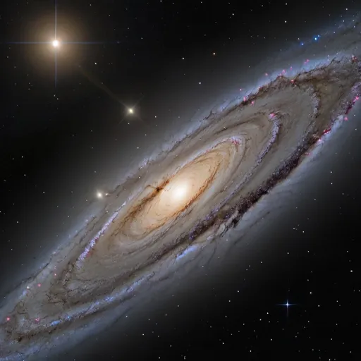 Prompt: Depict the Andromeda Galaxy M31 (AG) as seen from above its flat planet. Depict how it will appear from a vantage point much closer than we see it from earth, so that the closer side is close and large, but the far side appears much more distant.  Remember that the AG is a flat plane of stars. So we probably want a viewing angle of 20 to 30 degrees above the plane, the same direction as from earth but much closer. So this planar view of stars will occupy the space below a kind of "horizon", meaning that there will be space above the horizon that you should make all black because all of the stars in the AG are in the plane of the AG. Show some of the spiral structure of the AG along with some of the nebula that all are in the plane of the AG. 