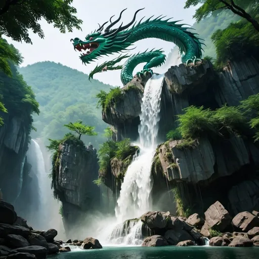 Prompt: Dragon waterfall chinese forest