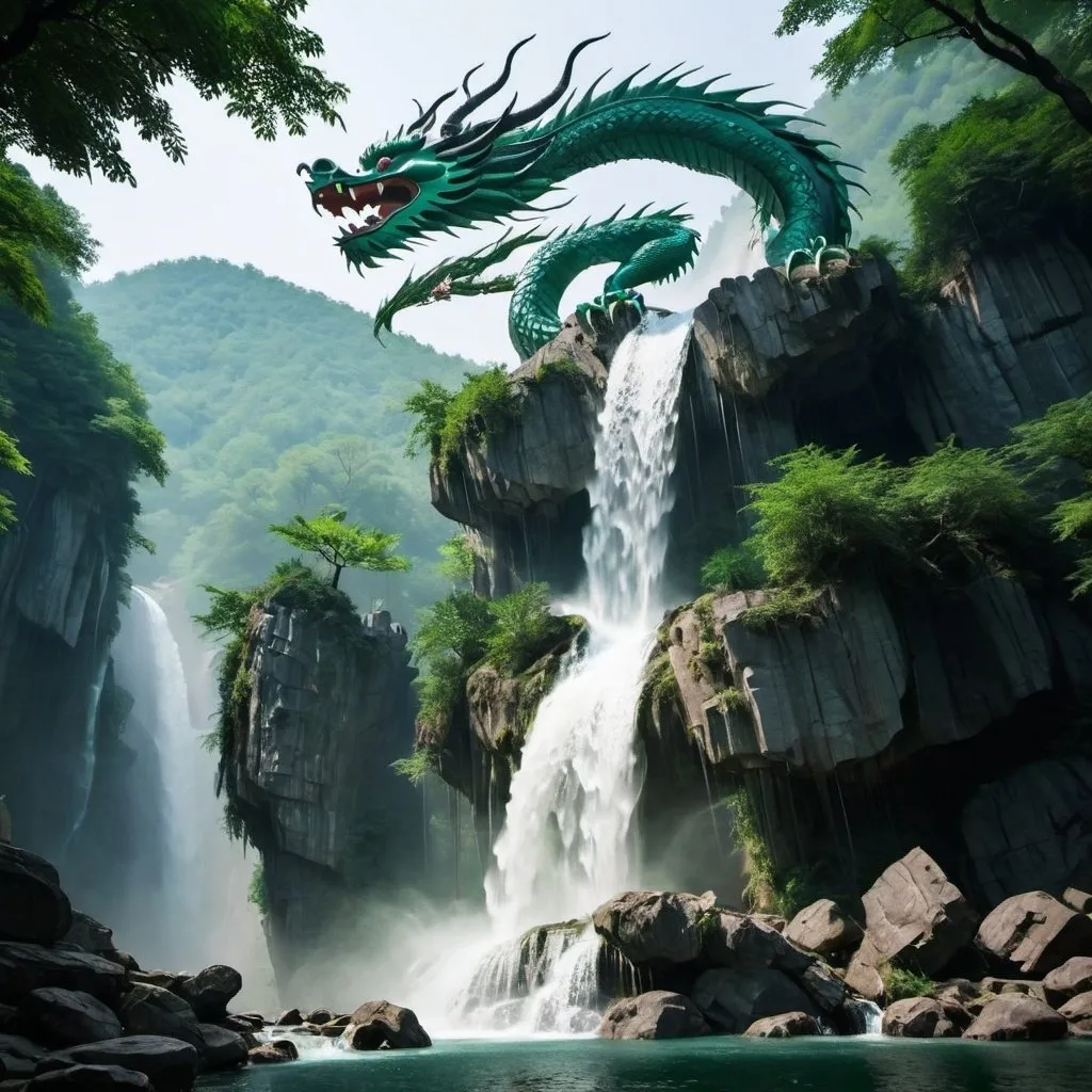 Prompt: Dragon waterfall chinese forest