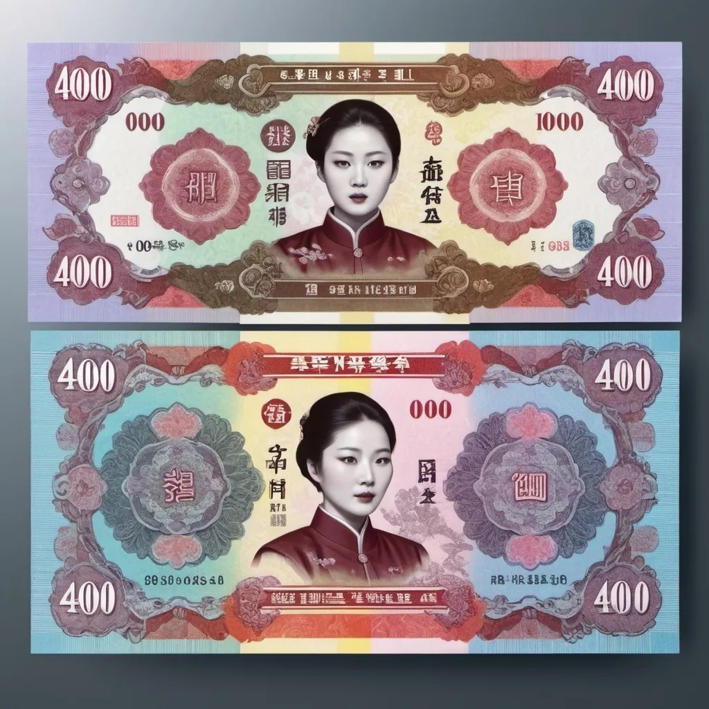 Prompt: a set of two bills with a woman on the front and a man on the back of the bill, Choi Buk, aestheticism, concept design, a silk screen