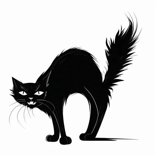 Prompt: Black and white line art with a very frightened black cat, with the fur up, with the full body seen from the side, and his face looking at the camera.