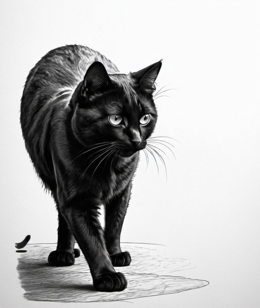 Prompt: Black and white line art with a very frightened black cat, with the fur up, with the full body seen from the side, and his face looking at the camera.