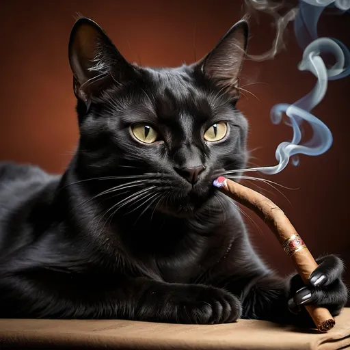 Prompt: a black cat smoking a cigar.