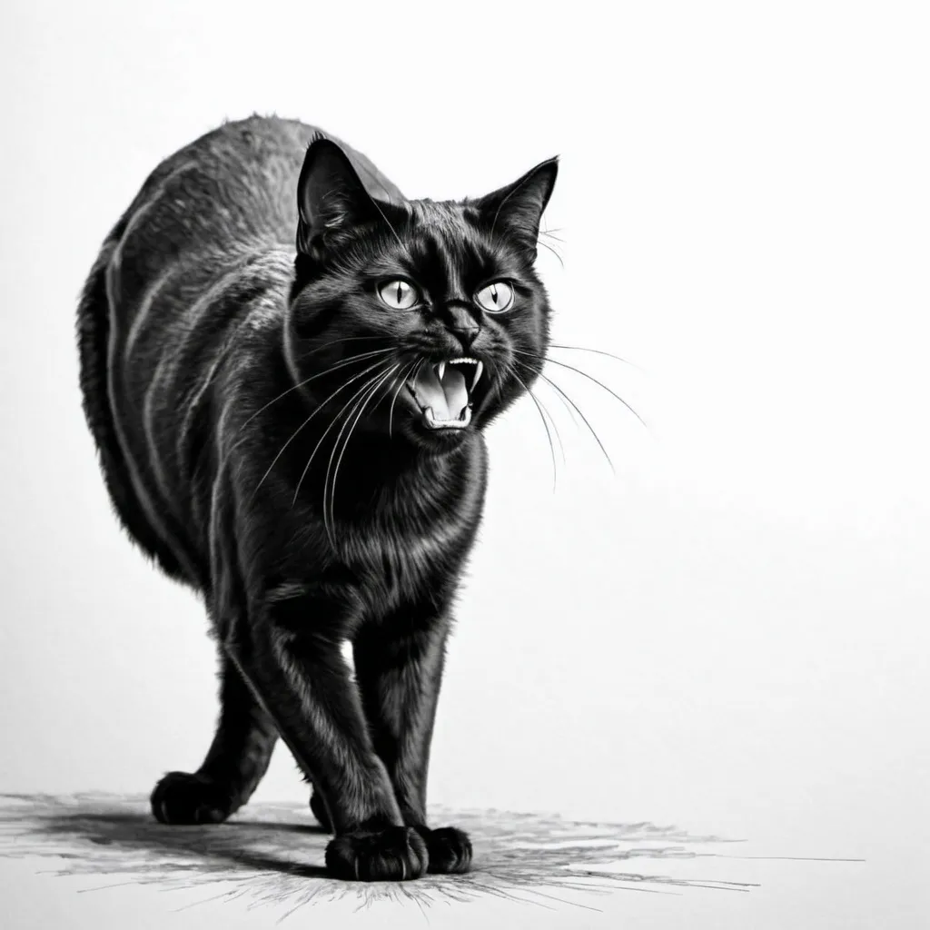 Prompt: Black and white line art with a very frightened black cat, with the fur up, with the full body seen from the side, mouth open showing he is angry, and his face looking at the camera.