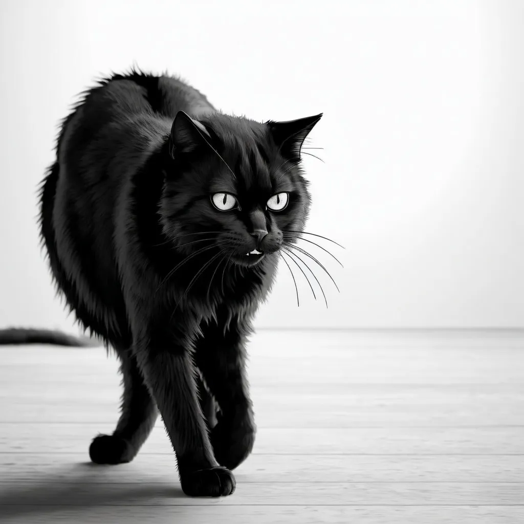 Prompt: Black and white line art with a very frightened black cat, with the fur up, with the full body seen from the side, and the scared face looking at the camera.