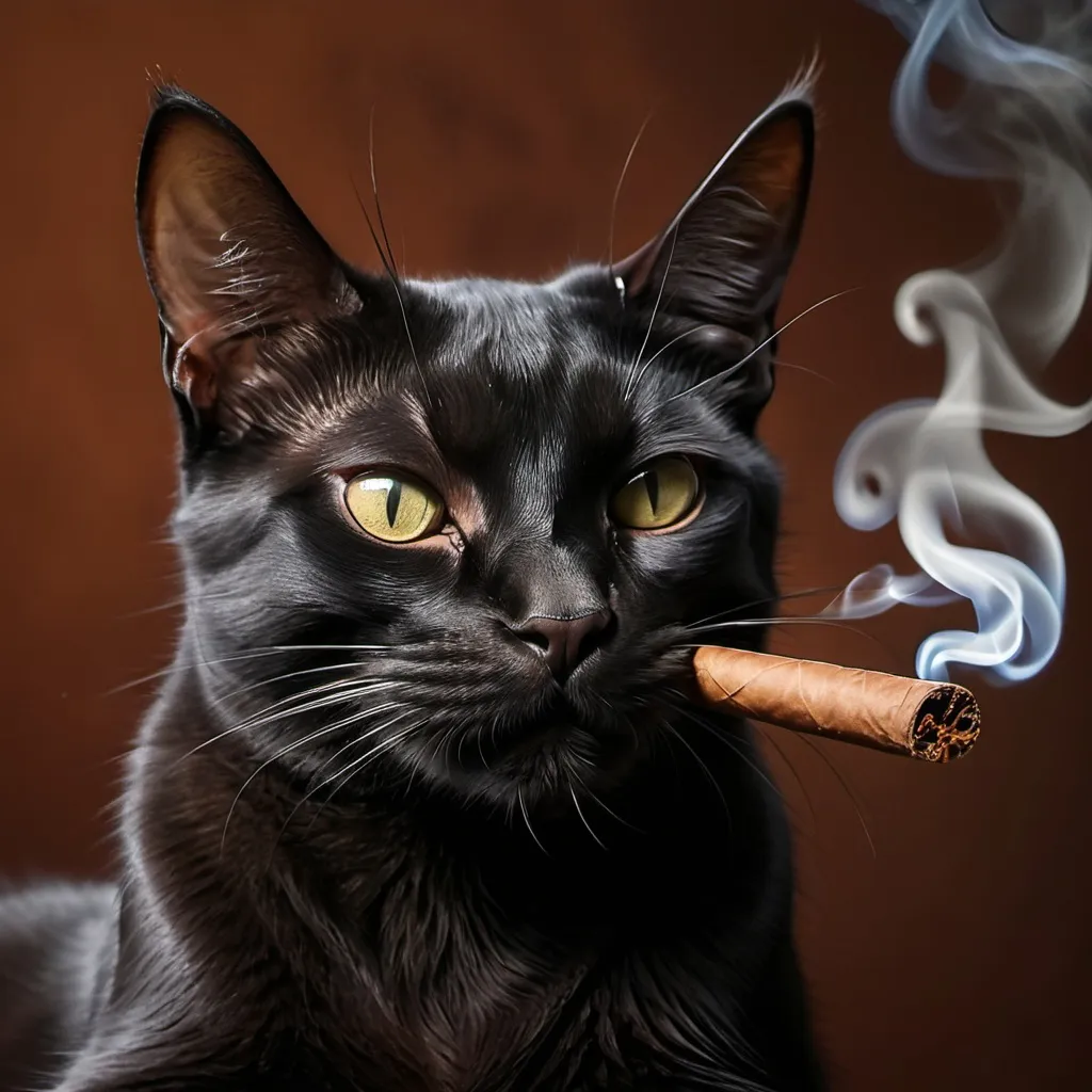 Prompt: a black cat smoking a cigar.