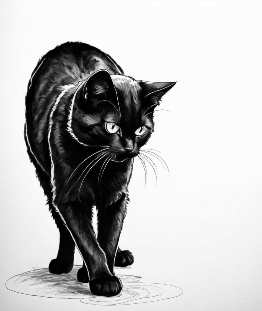 Prompt: Black and white line art with a very frightened black cat, with the fur up, with the full body seen from the side, and his face looking at the camera.