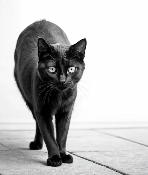 Prompt: a very frightened black cat, with the fur up, with the full body seen from the side, and his face looking at the camera.