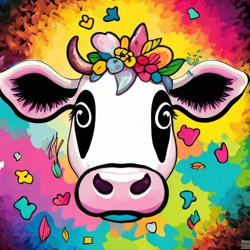 Prompt: create a design with happy cow head with colorful spread 