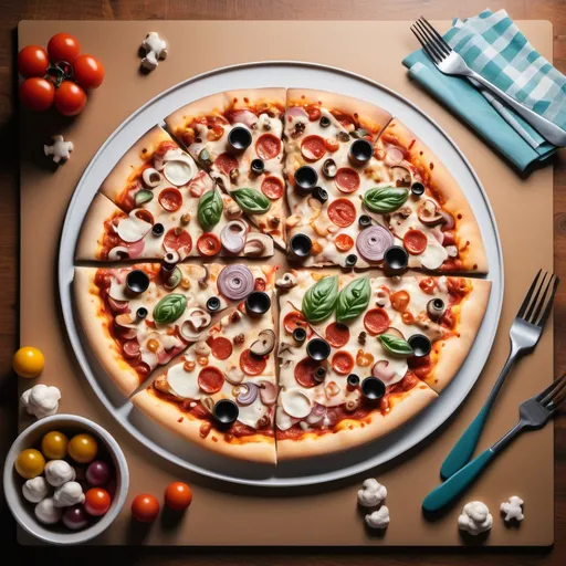 Prompt: a pizza with a lot of toppings on a plate on a table top with a fork and knife, Conrad Marca-Relli, regionalism, in-frame, a jigsaw puzzle