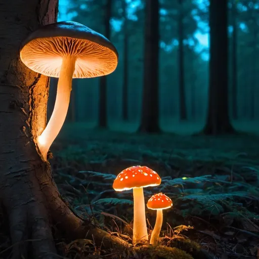 Prompt: Image of a tree next to a glowing mushroom