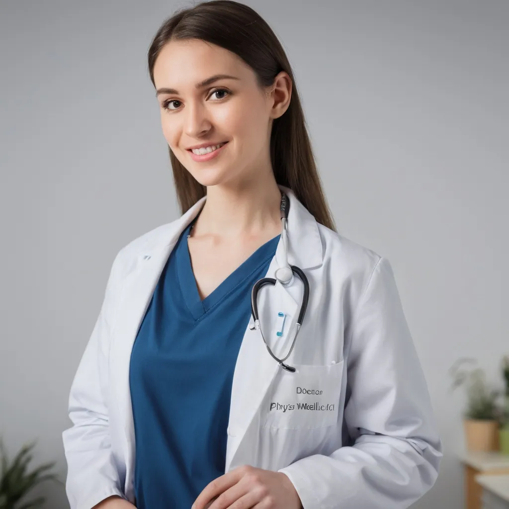 Prompt: Create the previous model as a doctor and physiowellcare written on her white coat