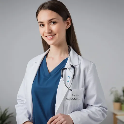Prompt: Create the previous model as a doctor and physiowellcare written on her white coat