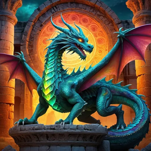 Prompt: <mymodel>Vibrant digital illustration of a mystical dragon, swirling magical patterns, glowing scales and eyes, high fantasy setting, ancient ruins in the background, intricate details, ethereal Click or drag a photo mesmerizing, high quality, digital painting, fantasy, vibrant colors, mystical, magical, detailed scales, ancient ruins, professional, atmospheric lighting
