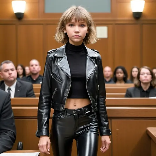 Prompt: young grace vanderwaal, shiny black leather pants and jacket, skinny body, skinny legs, courtroom, she is getting arrested