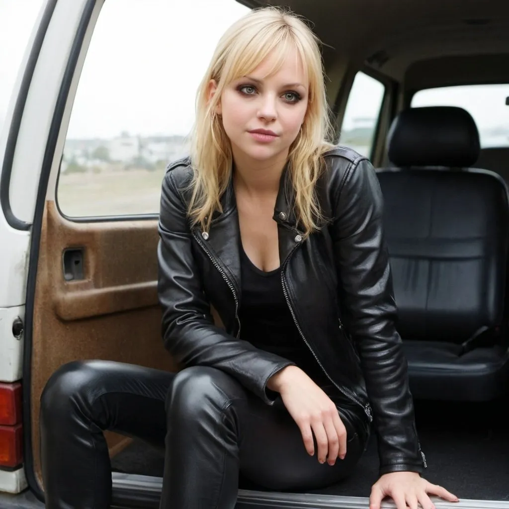 Prompt: young anna faris, shiny black leather pants and jacket, skinny body, she sits in the back of a van