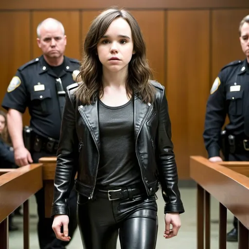 Prompt: young ellen page, shiny black leather pants and jacket, skinny body, ultrarealistic, courtroom, arrested