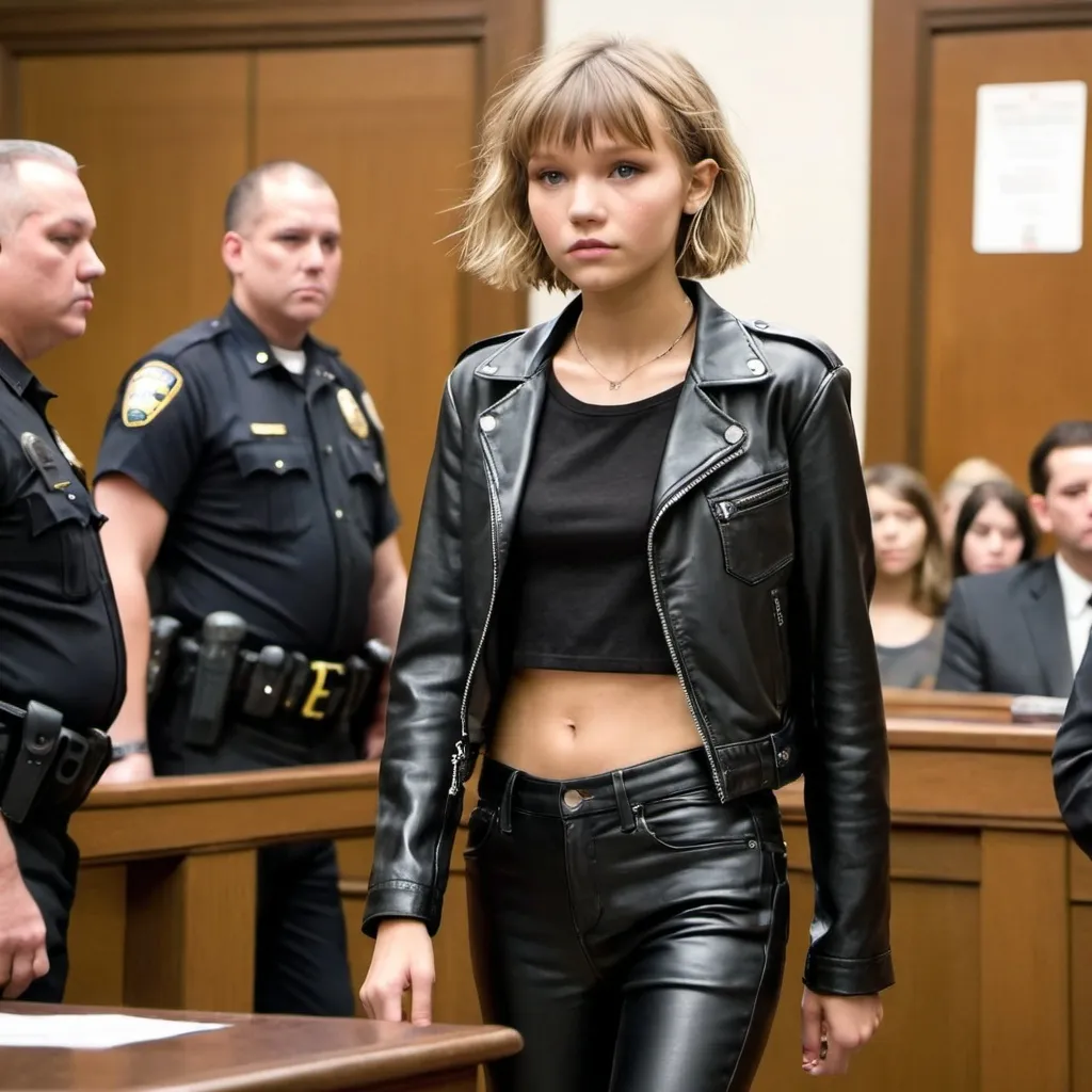 Prompt: young grace vanderwaal, shiny black leather pants and jacket, skinny body, skinny legs, courtroom, she is getting arrested