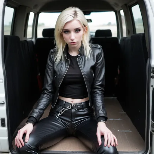 Prompt: young piper perri, shiny black leather pants and jacket, skinny body, skinny legs, kidnapped, handcuffed hands, tied up hands, she is lying in a van