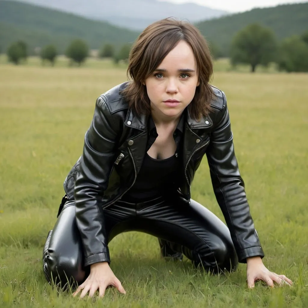 Prompt: young ellen page, shiny black leather pants and jacket, skinny body, ultrarealistic, kneeling on a meadow