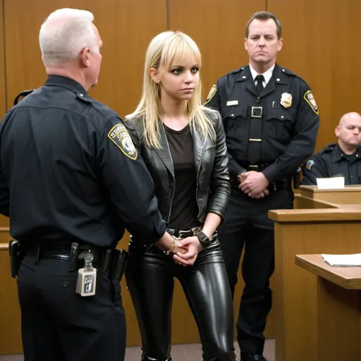 Prompt: the young skinny anna faris is standing in a courtroom, she is standing before a judge, the judge sentences her to 20 years in prison, a police officer handcuffs her,to take her to prison, she is wearing shiny leather pants and jacket, the police officer handcuffs her hands behind her back