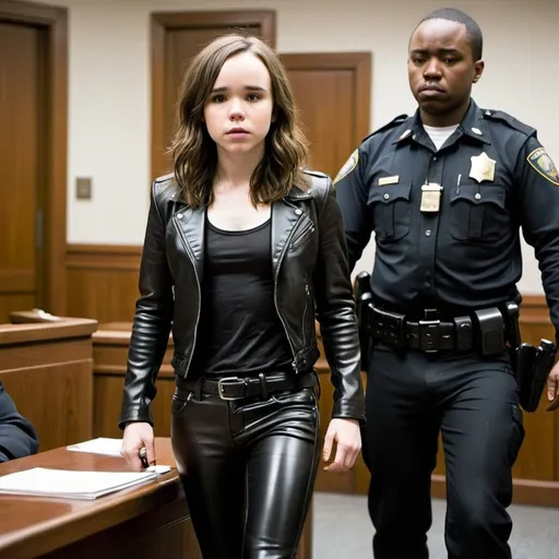 Prompt: young ellen page, shiny black leather pants and jacket, skinny body, ultrarealistic, courtroom, getting arrested by a police officer