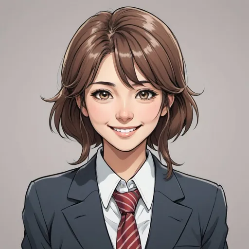 Prompt: An image of a working woman in a suit. young and beautiful. His expression is smiling. Her eyes are big. The drawing style is Japanese anime style.