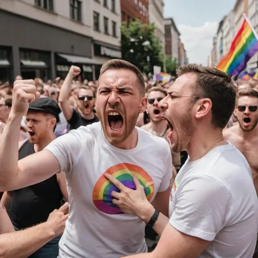 Prompt: Men at a Pride march are angry and shouting at lesbians