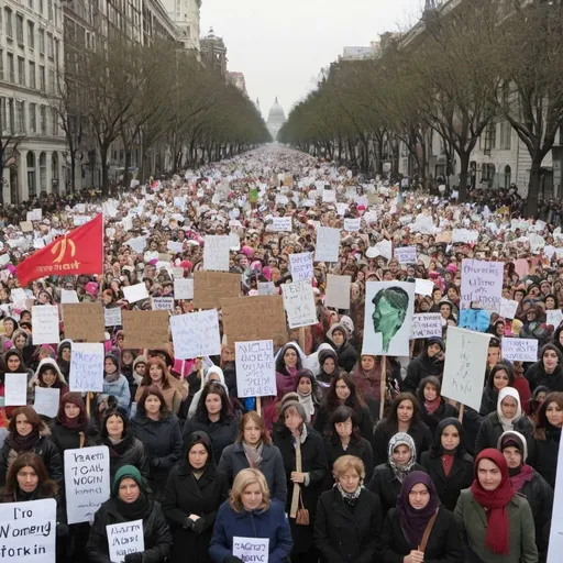 Prompt: Many women are standing in march