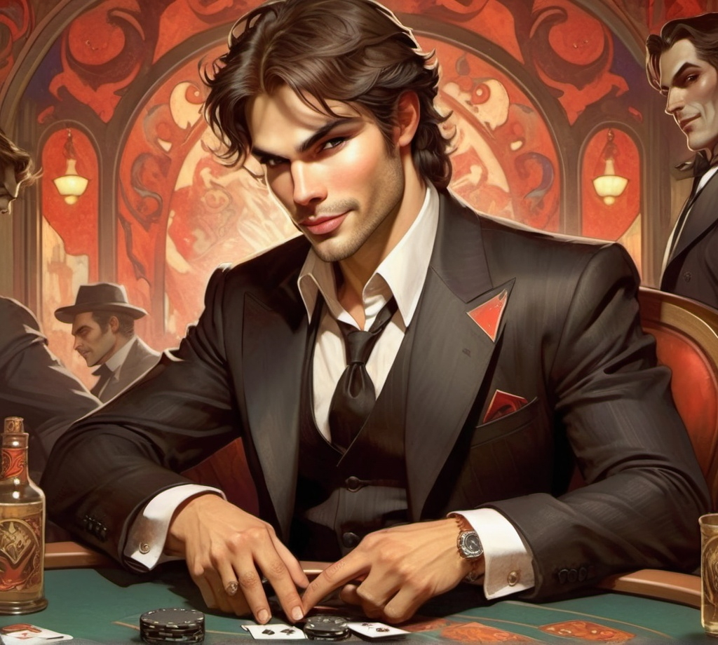 Prompt: Alluring devil playing blackjack, mobster vibe, devilish grin, resembles Ian Somerhalder 