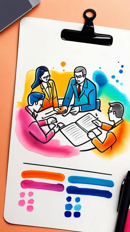 Prompt: Instagram story size colorful ink and wash picture that shows manager team work in organization